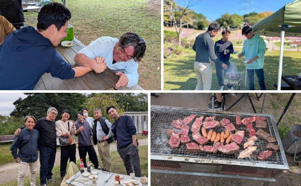 バーベキューを楽しんでいる様子。腕相撲大会も！