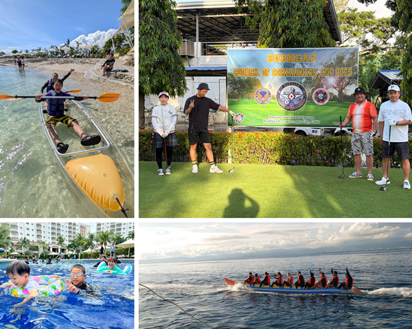 セブ島を満喫するアクティビティの様子。透明なクリアカヤックで海を進む姿、南国のゴルフ場での記念撮影、子供と一緒に楽しむホテルのプール、大人数で波しぶきを上げながら楽しむバナナボートなどのコラージュ画像。