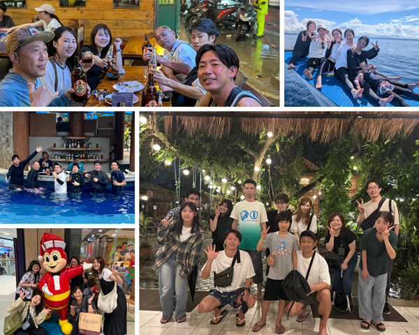部署を越えた交流を楽しむ社員たちのコラージュ画像。夜の屋外レストランでの賑やかな夕食、ホテルのプールでのリラックスした表情、ボートの上で海を背景にした記念写真、ジョリビー人形との笑顔のショットなどが収められています。
