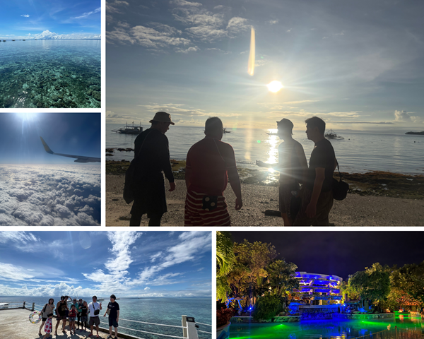 心を癒やすセブ島の美しい景色の数々。透き通るような海、飛行機の窓から見える幻想的な雲海、夕暮れのビーチで語らう社員たちのシルエット、そして青白くライトアップされたロマンチックな夜のリゾート施設のコラージュ画像。
