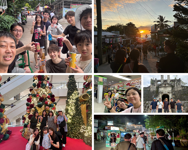 セブ島の街歩きや夜の親睦会を楽しむ社員たちの写真コラージュ。屋外での賑やかな乾杯、美しい夕焼けの街並み、巨大なクリスマスツリー前での記念写真、スーパーでの買い物、サン・ペドロ要塞での集合写真、ジプニーが走る夜の街の風景。