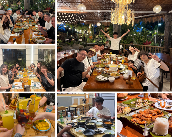 フィリピン・セブ島の食文化を堪能する様子。大きなテーブルを囲んで楽しむディナーパーティー、南国フルーツのジュースやビールでの乾杯、バナナの葉に盛り付けられた豪快なシーフードや現地料理のコラージュ画像。