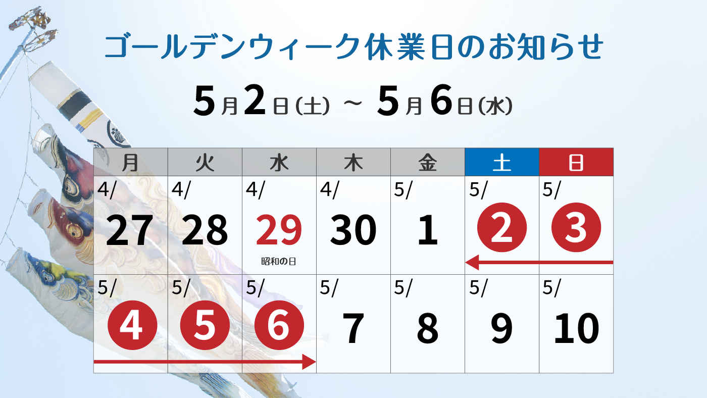 2026年ゴールデンウィーク休業日のお知らせカレンダー。5月2日（土）から5月6日（水）までの5日間を赤枠で囲んだスケジュール表